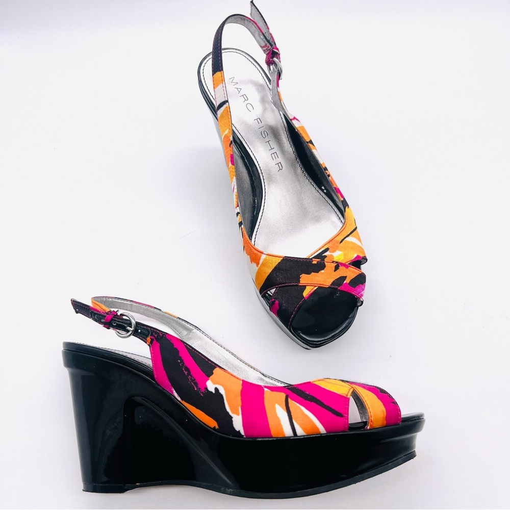 MARC FISHER Platform Peep Toe Wedges Sandals Shoes Multi Color Black Pat… - Picture 3 of 13
